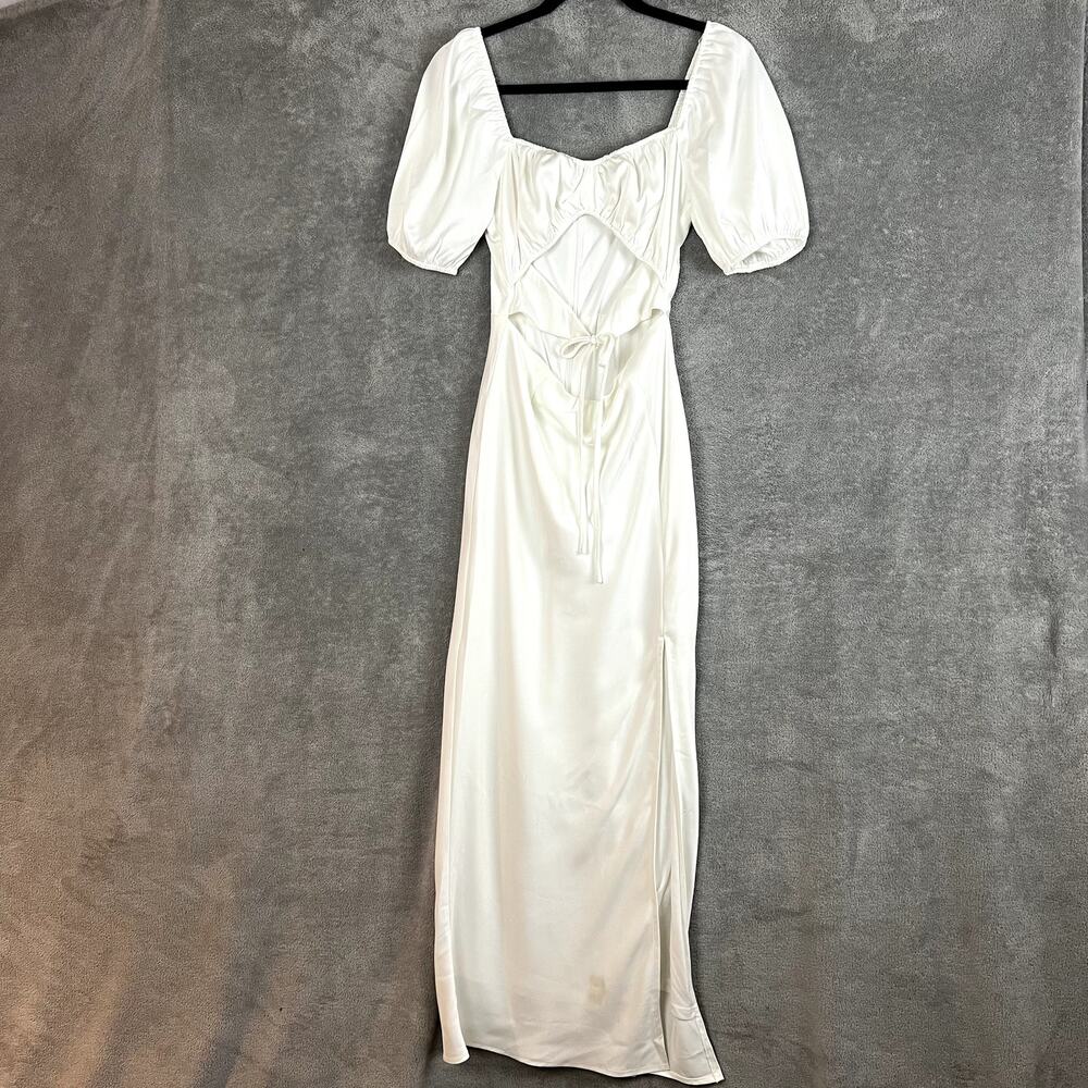 Lulus Maxi Dress Womens S White Cutout Puff Sleeve Milkmaid Bridal‎ Satin